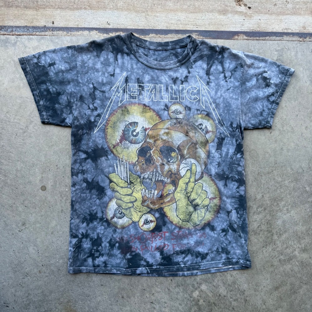 Metallica Shortest Straw Tie Dye Graphic T-Shirt Gray Black Skull Band Tee